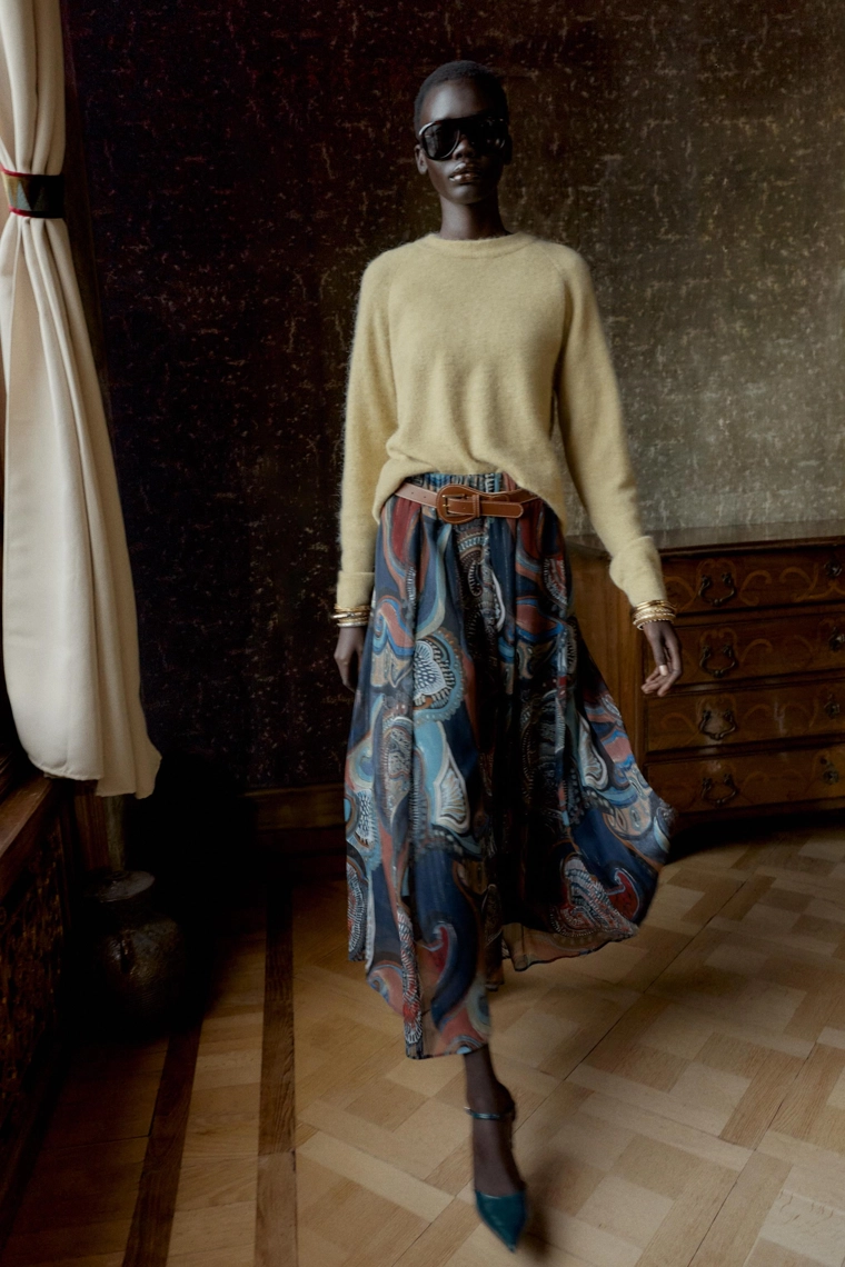 ЮБКА МИДИ С ПРИНТОМ, БЛЕСТЯЩЕЙ НИТЬЮ И ПОЯСОМ