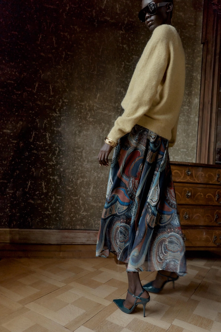 ЮБКА МИДИ С ПРИНТОМ, БЛЕСТЯЩЕЙ НИТЬЮ И ПОЯСОМ