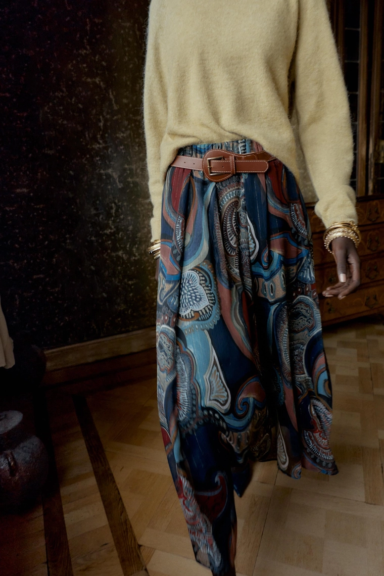 ЮБКА МИДИ С ПРИНТОМ, БЛЕСТЯЩЕЙ НИТЬЮ И ПОЯСОМ