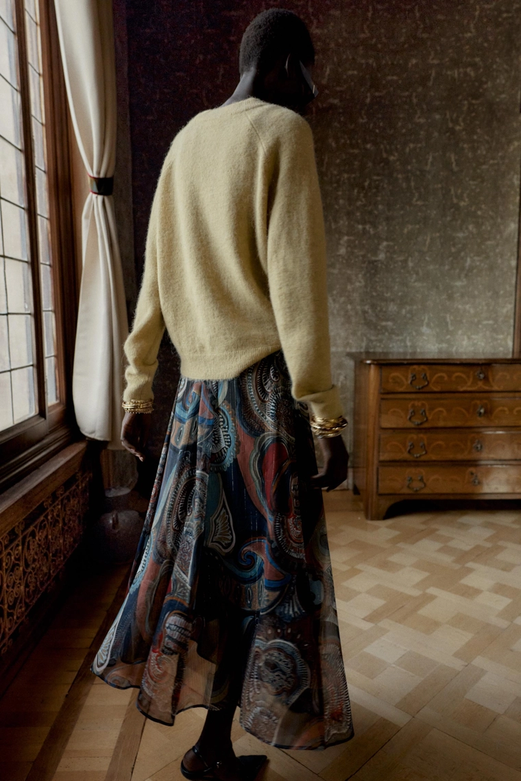 ЮБКА МИДИ С ПРИНТОМ, БЛЕСТЯЩЕЙ НИТЬЮ И ПОЯСОМ