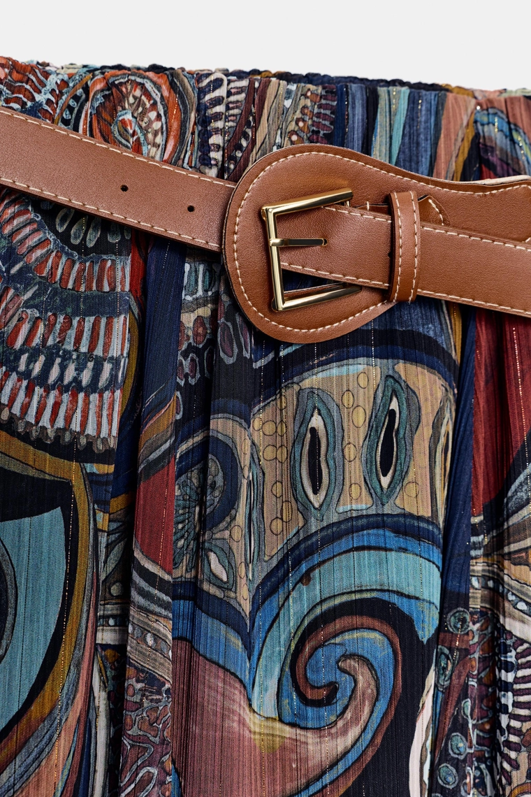 ЮБКА МИДИ С ПРИНТОМ, БЛЕСТЯЩЕЙ НИТЬЮ И ПОЯСОМ