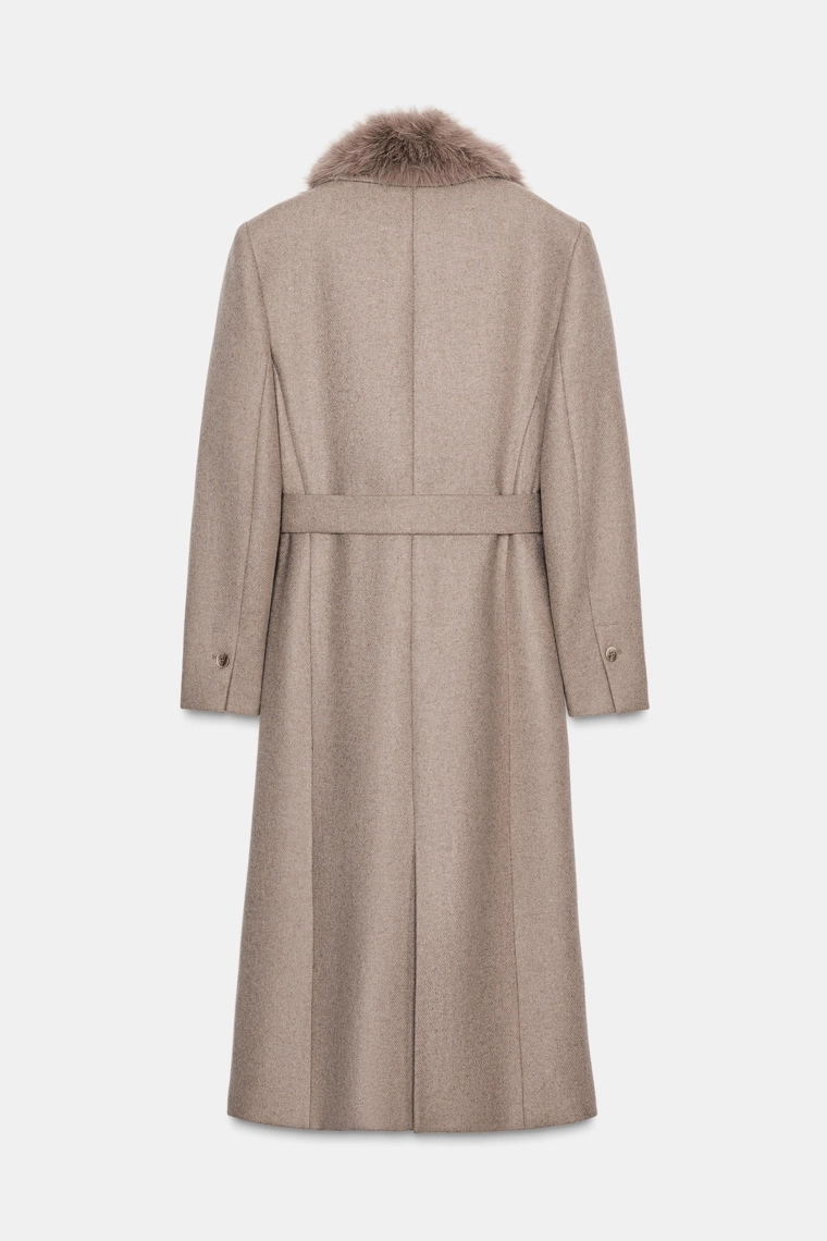 ПАЛЬТО ИЗ ШЕРСТИ С ЛАЦКАНАМИ ИЗ ИСКУССТВЕННОГО МЕХА И ПОЯСОМ