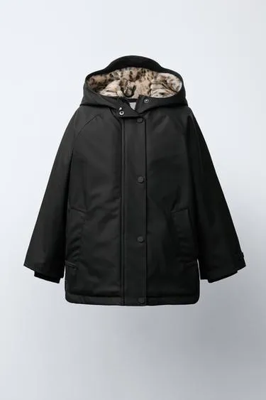 WATER-REPELLENT COATED JACKET WITH FAUX FUR ANIMAL PRINT