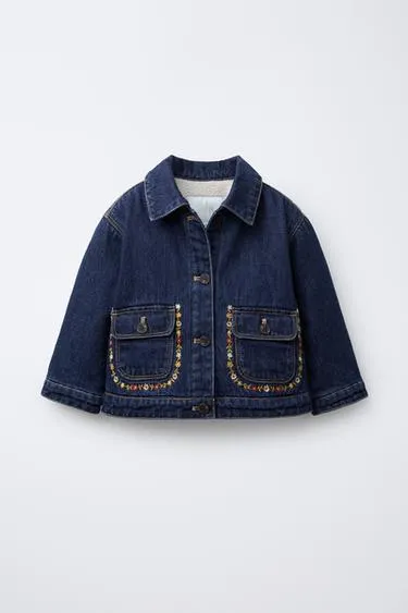 DENIM JACKET WITH FAUX SHEARLING AND EMBROIDERED FLOWERS