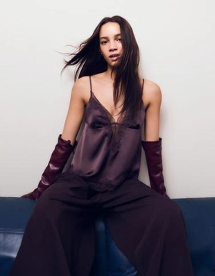 Zara Топ из сатина на бретелях, асимметричный, с кружевом