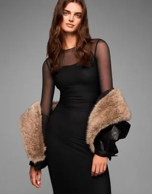 Платье миди из полупрозрачной ткани с длинными рукавами- Заказать в России