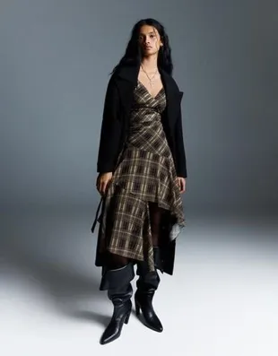 Платье миди на бретелях из полупрозрачной ткани в клетку- Заказать в России