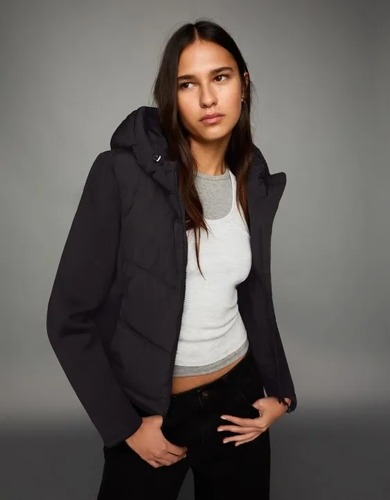 Combined hood jacket with neoprene effect