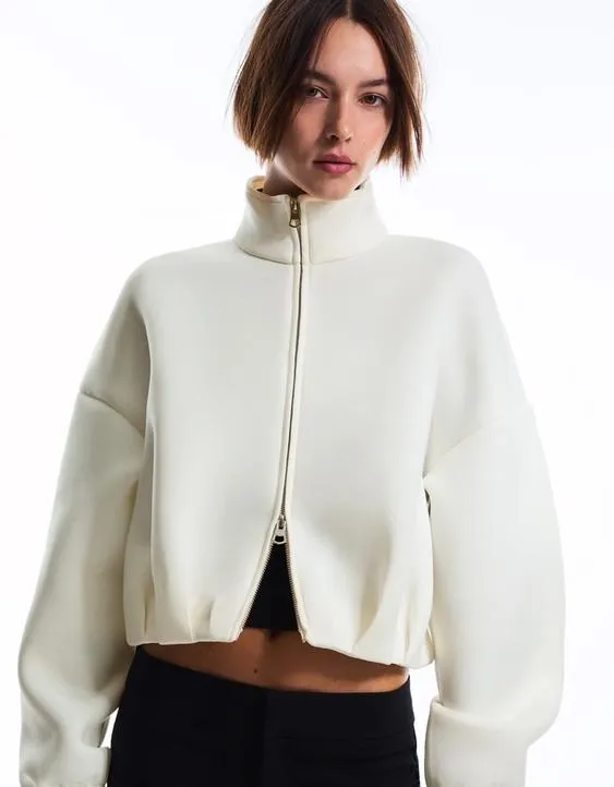 Neoprene effect zip-up balloon sweatshirt