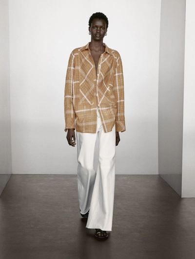 Zara Рубашка в клетку из льняно-вискозного шифона