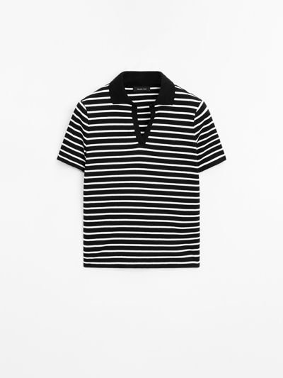 Zara Поло-футболка из полосатого хлопкового микса