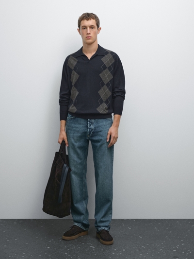 Zara Свитер с воротником-поло и узором алмазная вязка из шерсти