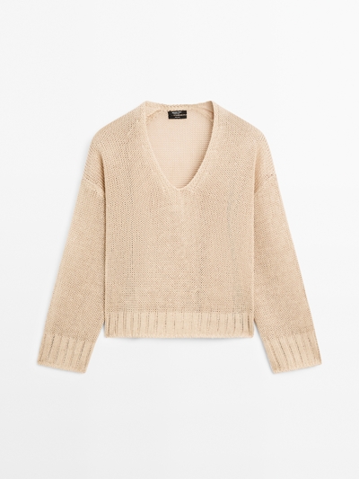 Zara Льняный вязаный свитер с V-образным вырезом
