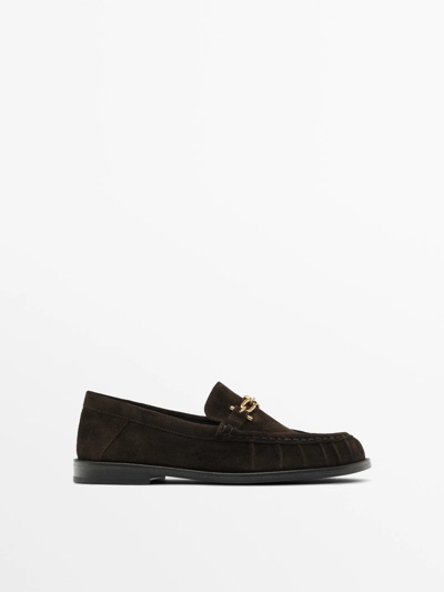 SPLIT SUEDE LOAFERS WITH METAL APPLIQUé
