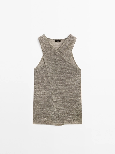 LINEN BLEND CROSSOVER HALTER TOP