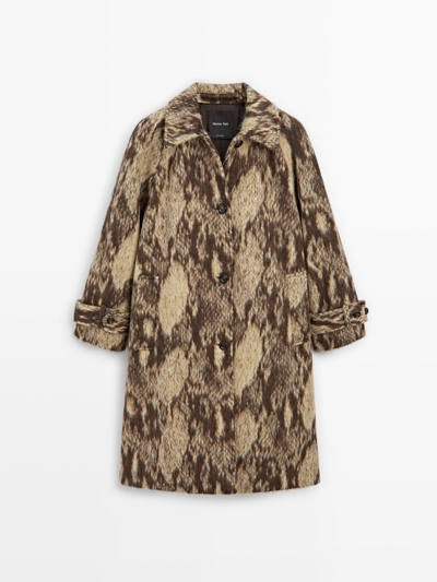 LONG WOOL BLEND SNAKESKIN PRINT COAT
