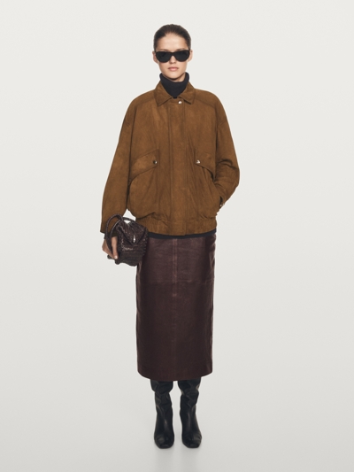 Zara Кожаная куртка-бомбер из замши с карманами