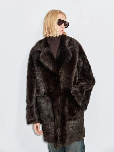 Длинное кожаное пальто с мехом- Заказать в России