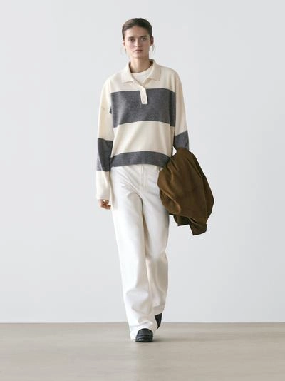 Полосатый вязаный свитер с воротником-поло- Заказать в России