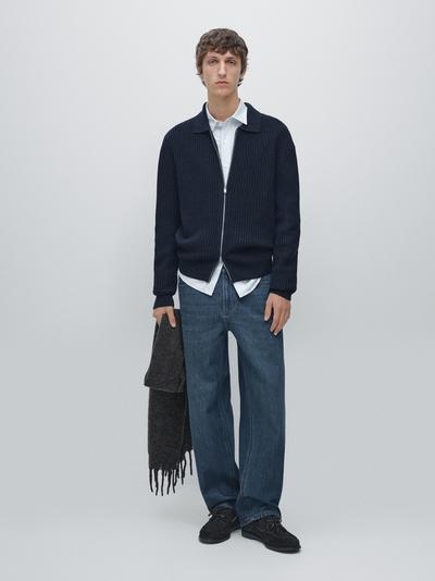 Zara Кардиган с молнией из вязаного хлопка и шерсти в рубчик