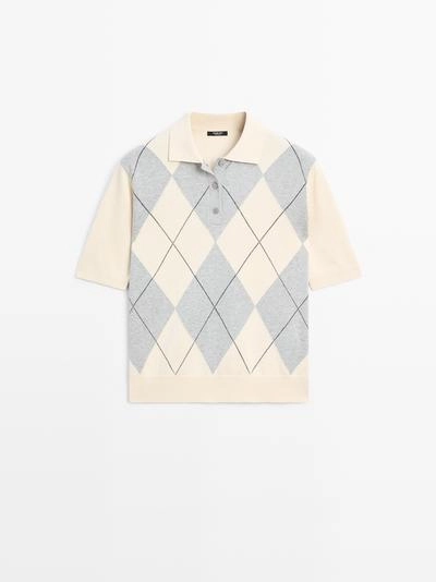 Водолазка с поло из джерси с узором из алмазной вязки- Заказать в России