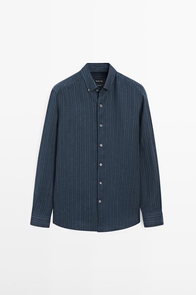 Zara Рубашка из 100% льна в полоску с воротником на пуговицах