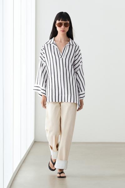 Zara Рубашка с полосками в стиле OVERSIZE из льняной смеси