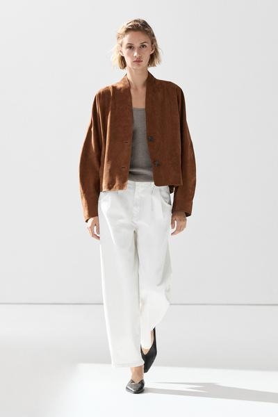 Zara Замшевая кожаная куртка с V-образным вырезом