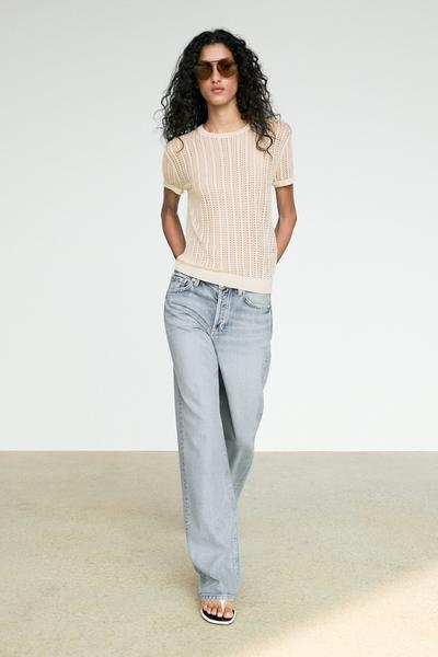 Zara Вязаный топ с короткими рукавами и ажурной отделкой