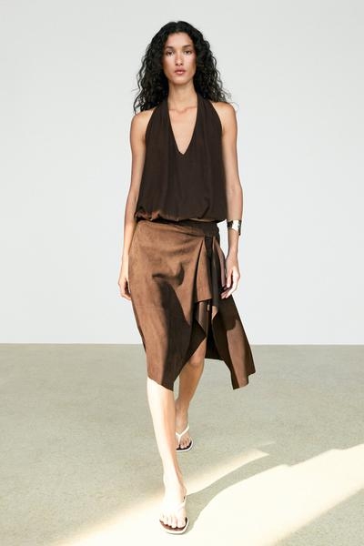 Zara Юбка миди из замшевой кожи с декоративными оборками купить с доставкой.