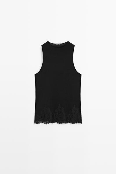 Zara Топ с завязками на шее и кружевной отделкой