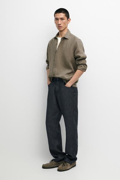 Zara Рубашка в полоску из 100% льна, классического кроя