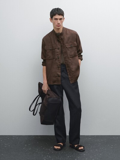 Zara Верхняя рубашка с воротником-стойкой из 100% льна.