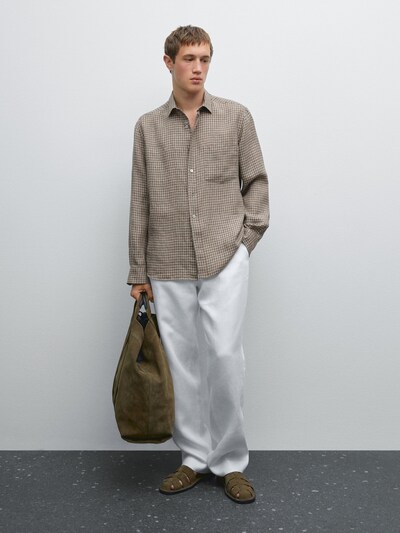 Zara Рубашка из льна в клетку с регулярной посадкой