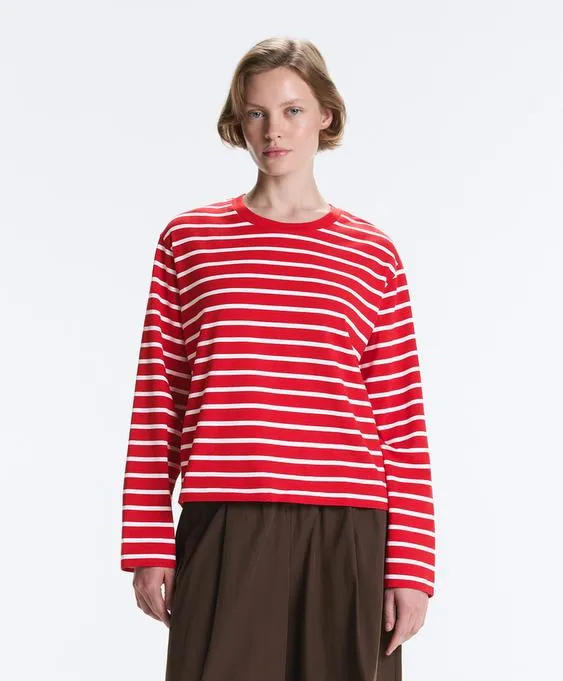 Boxy long-sleeved striped cotton-blend T-shirt- Заказать в России