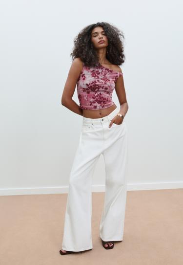 Zara Асимметричная футболка из полупрозрачной ткани с принтом