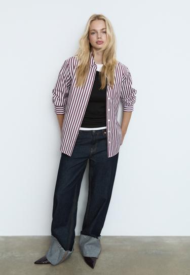 Zara Базовая рубашка в полоску из поплина с карманом
