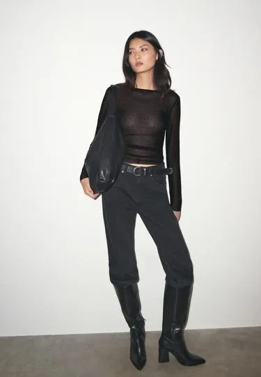 Полупрозрачная футболка с блестящей отделкой и сборками- Заказать в России