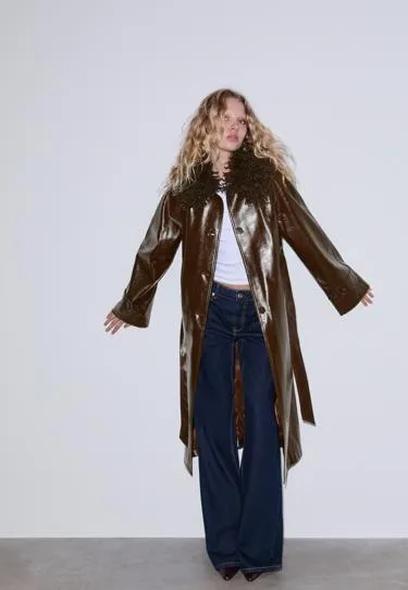 Длинный тренч из искусственной кожи