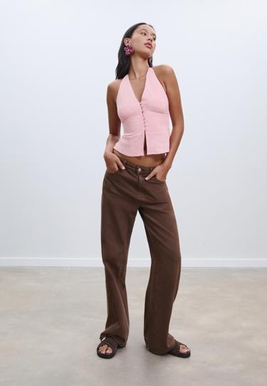 Zara Топ с горловиной халтер, пуговицами и эффектом льна