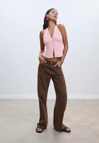 Топ с горловиной халтер, пуговицами и эффектом льна