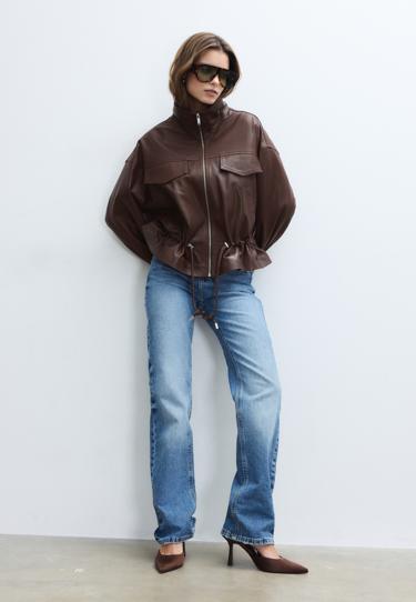 Zara Кожаная куртка с карманами и регулируемой талией