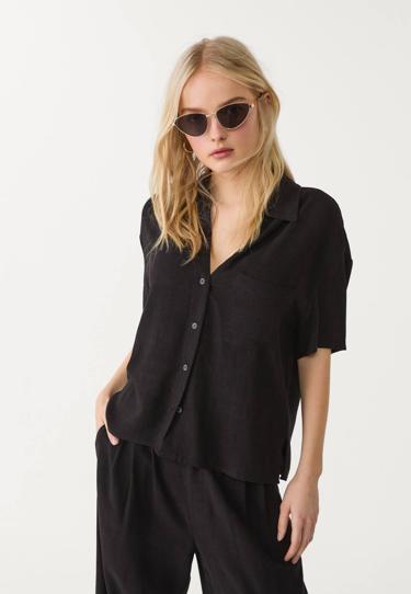 Zara Рубашка из смесового льна с короткими рукавами