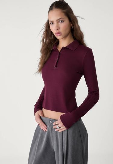 Zara Футболка с воротником-поло и длинными рукавами