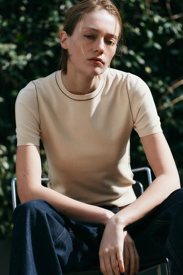 Zara Трикотажный топ с короткими рукавами и окантовкой