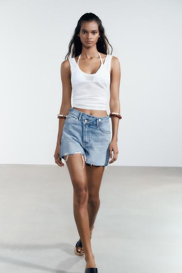 Zara Джинсовые шорты TRF с высокой посадкой MOM FIT и косой застежкой