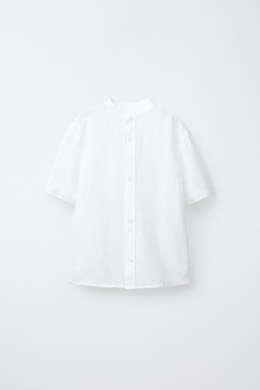 Zara Рубашка из хлопка и льна с воротником-стойкой