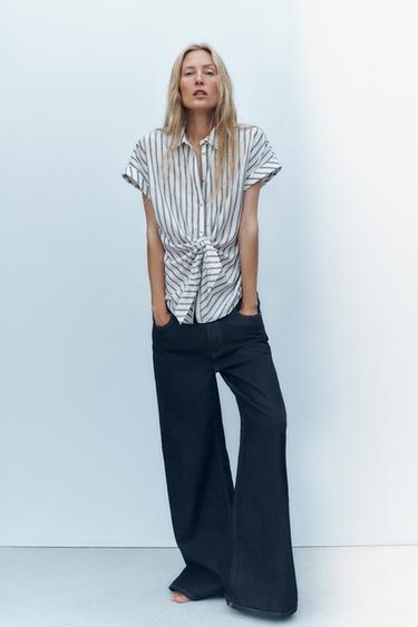 Zara Рубашка в полоску с узлом из льна