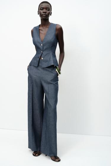 Zara Широкие брюки с пуговицами из льна