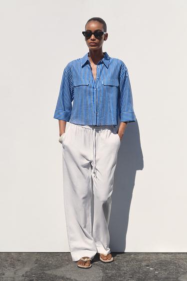 Zara Рубашка из смесового льна с широкими рукавами